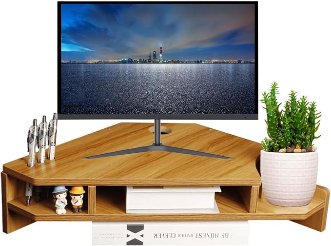 Triangle Monitor Stand Riser,Cut Triangle Save Space Desktop Corner,Desktop corner shelf with drawers wooden computer stand with storage laptop risers office organization. (No drawer)