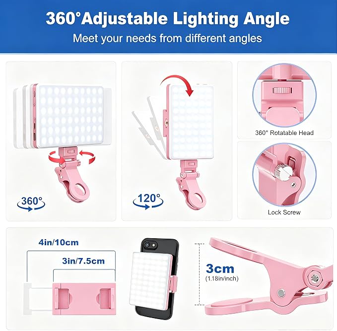 Selfie Light, Phone Light with Front & Back Clip, 60 LED Portable Light with 3 Modes, 5000mAh Rechargeable Video Light for Phone, iPhone, IPad, Laptop, TikTok, Makeup, Lighting Monolights(Pink)