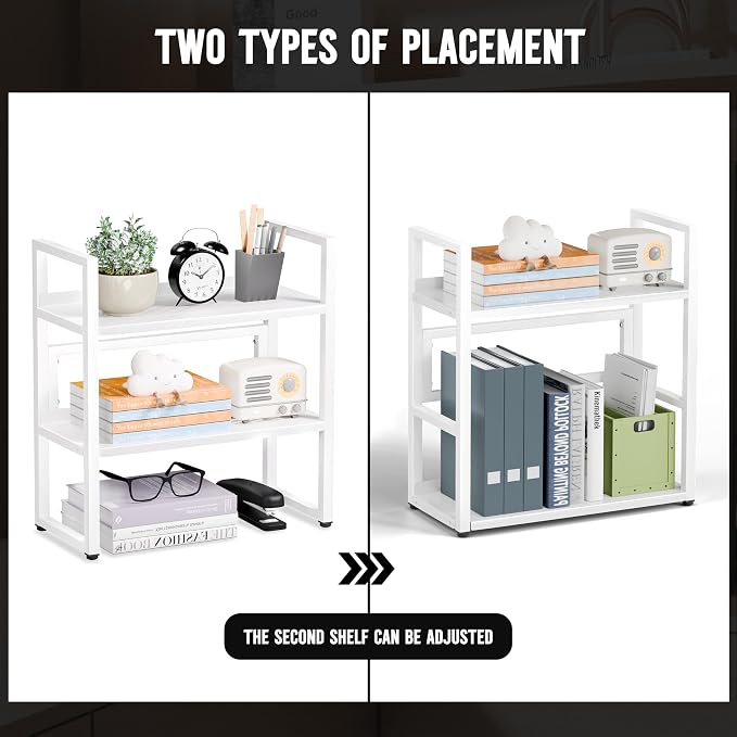 Brakki Desk Shelf Organizer, 2-Tier Desktop Bookshelf, Small Office Shelf | Adjustable Shelf, Metal Desktop Rack for Dorm, with Foot Mat, Multi-Functional Organization, White