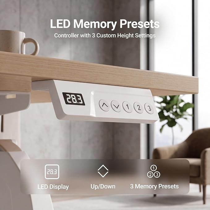 Claiks Electric Standing Desk, 55x24 Inch, Nature | Adjustable height for sit-stand, 156lbs capacity, scratch-resistant surface, 3 memory presets, cable management & hook.
