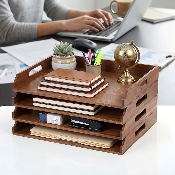 4 Pcs Stackable Paper Tray Bamboo Wood Desk Organizer Letter Tray 4 Tier Wooden File Organizer Desk Shelf for Documents, Letter Sorter, Envelopes and Magazine Holder