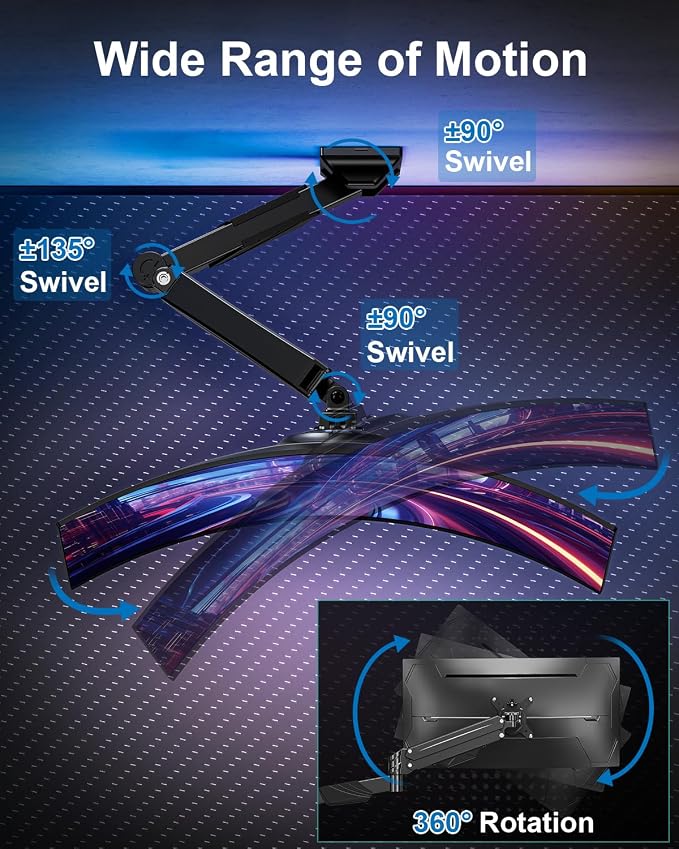 Single Monitor Wall Mount for Max 43" Holds up to 33.1lbs Screen | Wall Monitor Mount for Ultrawide Computer Screen, Height Adjustable Full Motion Gas Spring Vesa Wall Mount, Max 200x200mm