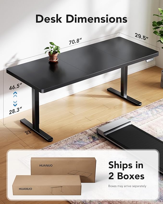 HUANUO 71 x 30 inch Electric Standing Desk, Powerful Brushless Motor Large Height Adjustable Table, 4 Memory Preset Sit Stand Up Desk, Home Office Computer Table with Thick T-Shaped Frame