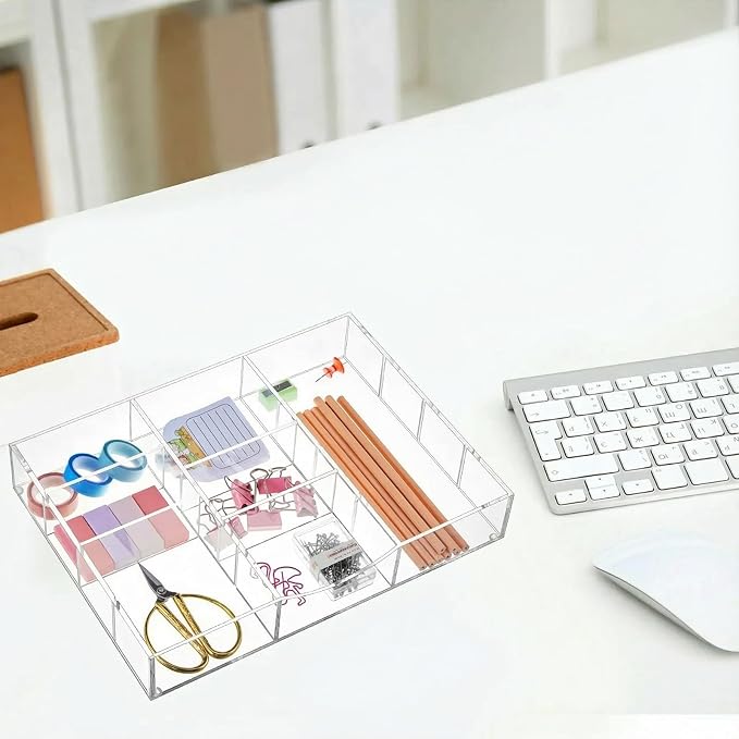 Briwooody Clear Acrylic Drawer Organizer,9 Compartments,Medium | 8.66 x 11.81 x 1.97 Inch Desk Storage Tray Organizer for Pen, Stationery, Desktop, Office, Bathroom, Kitchen, Makeup Supplies