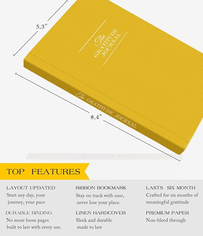 The Original Gratitude Journal with Inspiring Prompts & Quotes for Mindfulness, Reflection & Personal Growth - Daily Wellness Journal for Men & Women - Luxurious Linen Yellow Cover