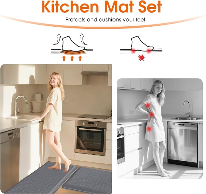 TranquilRelax 4/5 Inch Thick Anti-Fatigue Kitchen Mats 2Pcs, Cushioned Non-Slip Waterproof Sink & Stove Floor Mats, Comfortable Standing Rug Set for Kitchen, Laundry & Entryway, Grey
