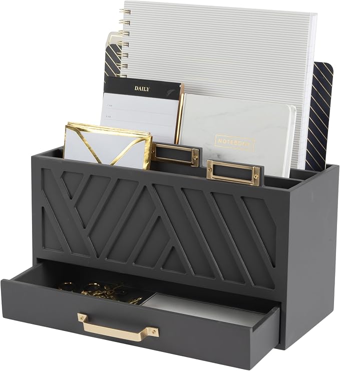 BLU MONACO | Grey Three-Tier Desktop Mail Organizer with Gold Label Holders & Drawer | Stylish Mail Holder and Countertop Document Storage for Home or Office