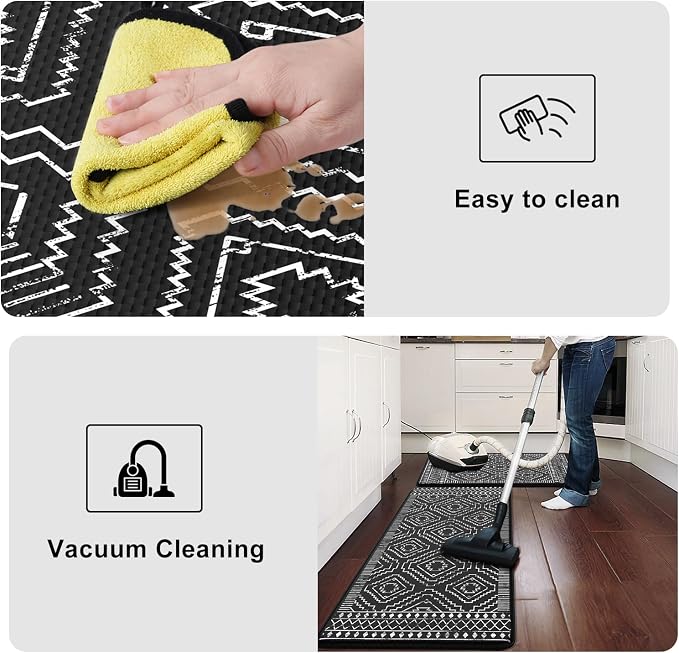 KIMODE Anti Fatigue Kitchen Mat,Black Boho Kitchen Rugs Non Slip Sets of 2,Kitchen mats for Floor Cushioned,Morocco Geometric Memory Foam Cushioned Standing Mats for Sink,Laundry,Office