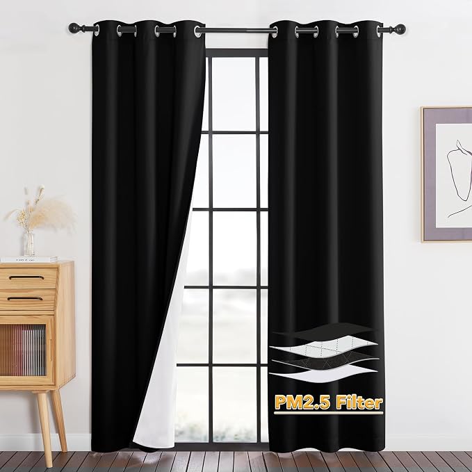 RYB HOME PM 2.5 Filter Curtains for Living Room/Bedroom, Soundproof Blackout Large Window Curtains for Dust Sandstorms Smog Pollen Odor Filtering, Black, W42 x L84 inch, 2 Panels