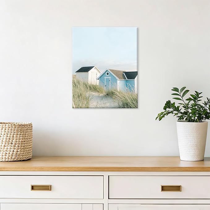 CHDITB Coastal Beach Pastel Framed Canvas Wall Art, Ocean Summer Scenery Artwork, Boho Seaside Cottage Wall Decor, Pink Sand Wave Beach Hut Art Prints For Living Room Bedroom Decor 8”x10”x6