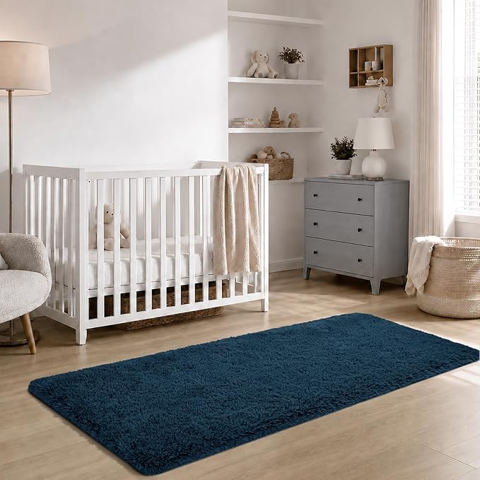 Zentavio Bedside Rugs for Boys Room 2x6 Runner Rugs for Hallway Bedroom Non Slip Fluffy Soft Shaggy Carpet for Kids Home Decor Aesthetic Dorm Nursery Navy Blue