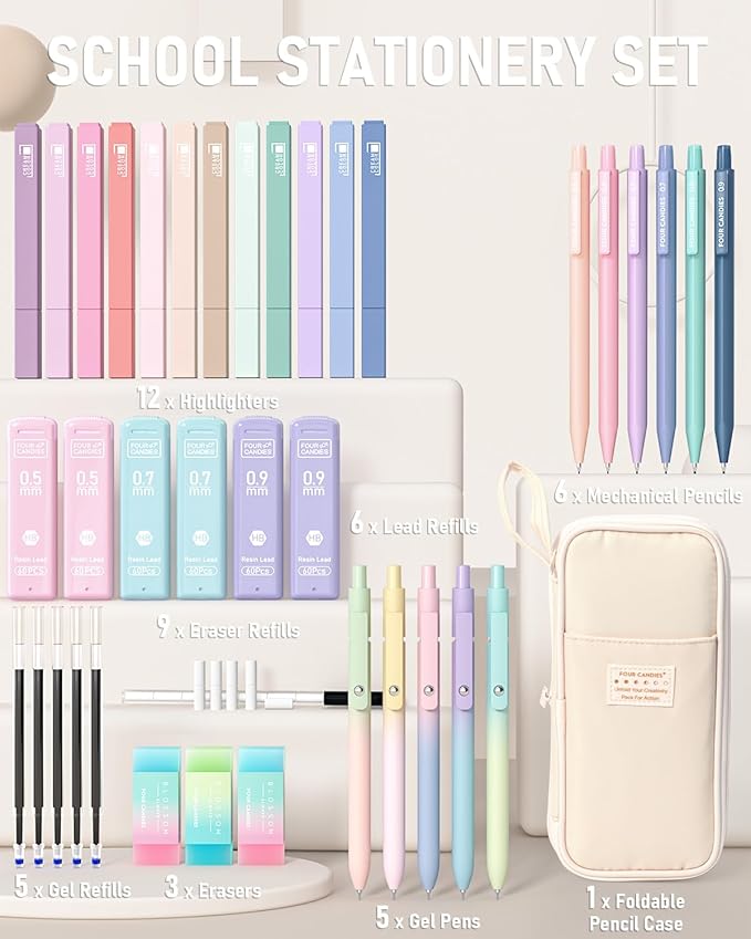 Four Candies 39 PCS Aesthetic School Supplies with Cute Pen Case, 12 Pastel Highlighters, 5 Black Ink Gel Pens, 6 Mechanical Pencils Set for Students Stationary College Essentials (Cream)