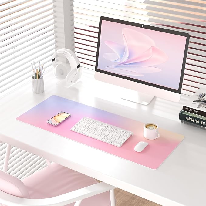 Colorful Star Large Mouse Pad Pink, Girly Desk Mat Aesthetic PU Leather Laptop Mat, 31.5" x 11.8"