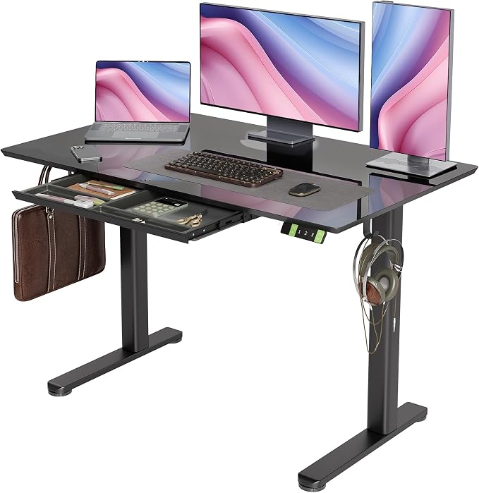 INNOVAR 48×24 Inch Black Glass Standing Desk with Drawers | Tempered Glass Top, Ergonomic, Adjustable Height, Stand Up Desk,4 Memory Presets