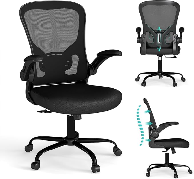 Flysky Mesh Office Chair, Ergonomic Computer Desk Chairs for Home Office - with Comfy/Comfortable Flip-up Arm Rests, Lumbar Support, Height Adjustable, 360 Degree Rolling Swivel (Black)