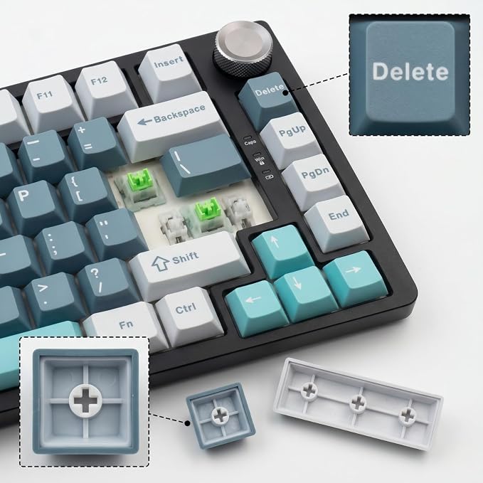 126 Keys PBT Double Shot Keycaps, Grey Blue Minimalist Keycap Set, Slate Cyan Cherry Profile Keycaps for Mechanical Keyboard 60% 65% 75% 100% Cherry MX Switches