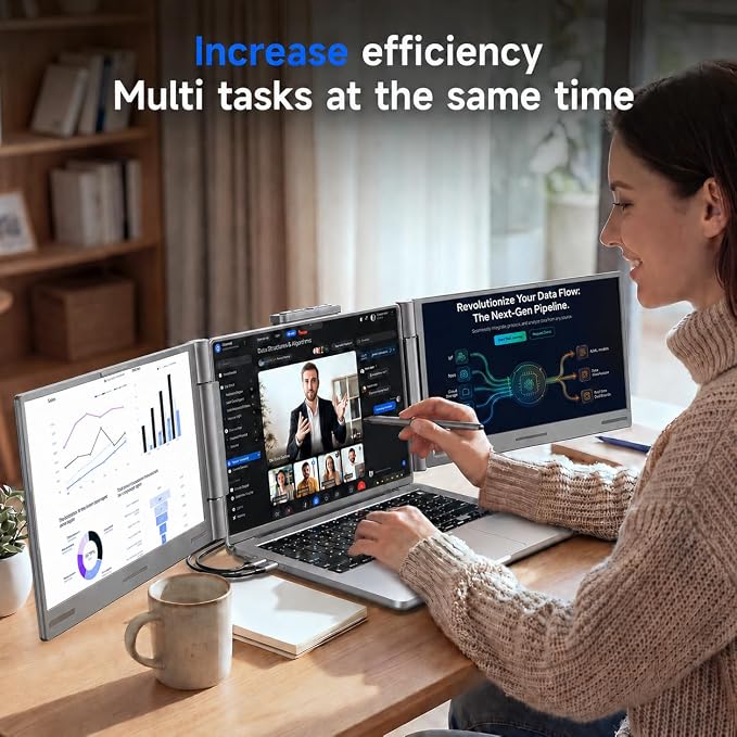 AOC 14" Laptop Screen Extender, Triple Portable Monitor for 13”-17.3" Laptops, 1080P FHD IPS Display, HDMI/USB-C Cable Plug-Play, Laptop Monitor Extender for Mac/Windows (Gray)