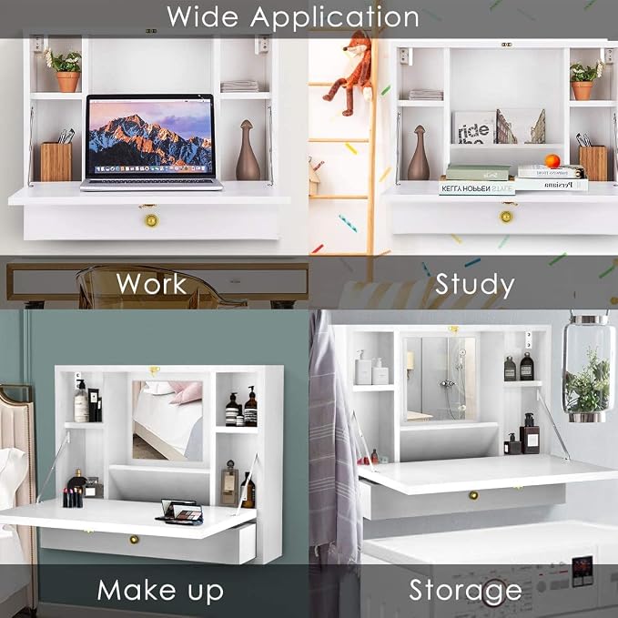 GRAFFY Wall Mounted Table, Multifunctional Folding Hanging Storage Cabinet, Space Saving Computer Desk w/Storage Drawer and Shelves, Wall Mount Laptop Desk for Home Office (White)