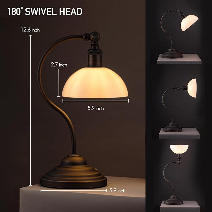 O'Bright Bankers - Cordless LED Table Lamp, Battery-Operated, Rechargeable, 3-Level Dimming, Universal USB-C Charging, 180° Swivel Head, White Jade Glass Shade, Oil Rubbed Bronze