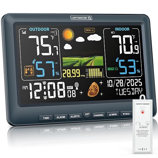 BluSon Weather Station Wireless Indoor Outdoor Thermometer, Atomic Clock | Color Display Digital Temperature Humidity Monitor with Weather Forecast, Adjustable Backlight, Barometer for Home, Blue