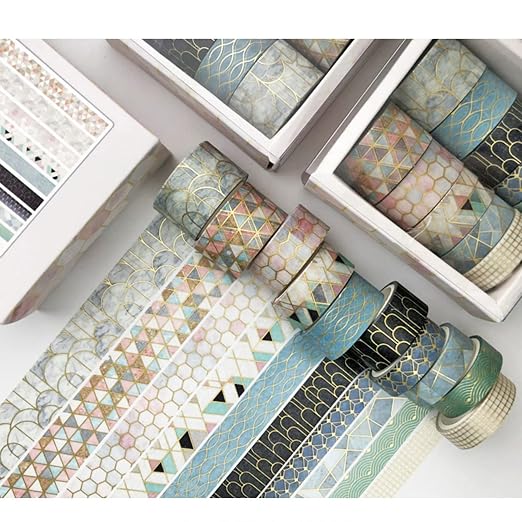 Creative Washi Tape Set 10 Rolls Gold Foil Print Decorative Masking Tapes for Arts, DIY Crafts, Journals, Planners, Scrapbook, Wrapping (Geometric Order)