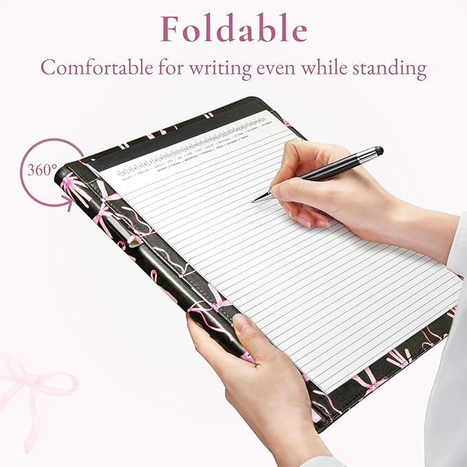 Mymazn Padfolio Portfolio Folder, Faux Leather Interview Resume Folder with Document Organizer & Business Card Holder, Letter-Sized Notepad Legal Pad Holder for Men Women Black Bow