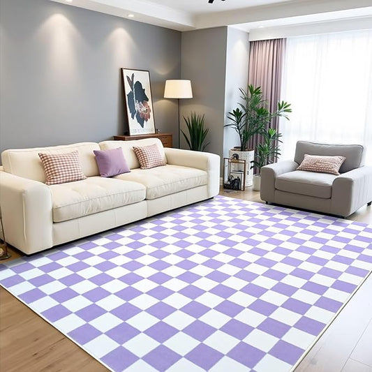 Terrug Purple and White Checkered Rug for Living Room,6x9 Area Rugs Washable with Non Slip for Bedroom,Soft Low Pile Stain Resistance Retro Carpet for Dorm Kids Room