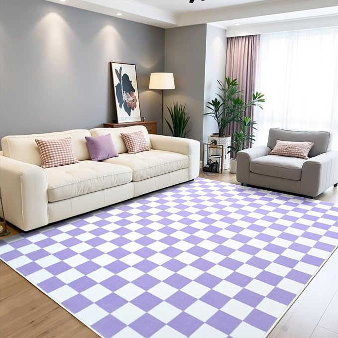 Terrug Purple and White Checkered Rug for Bedroom,3x5 Area Rugs Washable with Non Slip for Living Room,Soft Low Pile Stain Resistance Retro Carpet for Dorm Kids Room