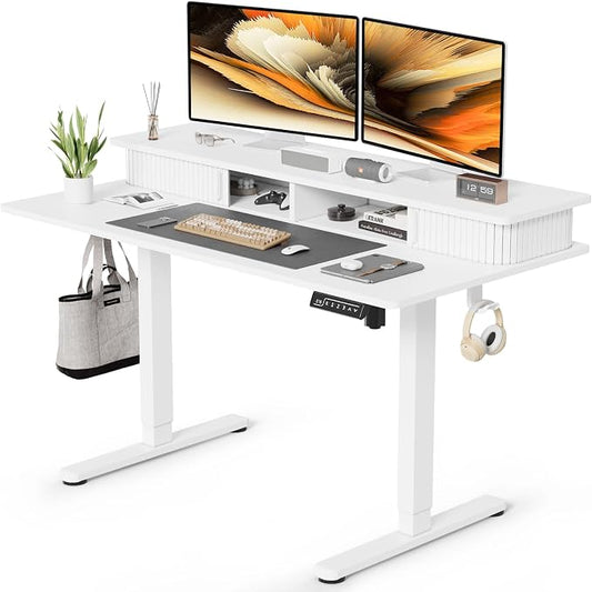 JOY worker 48" Electric Adjustable Standing Desk with Storage Monitor Stand | White Computer Desk Height Adjustable with Storage Shelves, Spacious Woskstation, Sit Stand Desk with 2 Hooks, Home Office