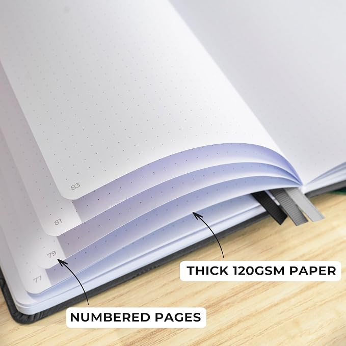 Clever Fox Dotted Journal 2.0 – Compact Planning and Sketching Dot Grid Notebook 120 GSM Thick, No-Bleed Paper – Planner with Pen Loop, Pocket, Ribbons, Stickers A5 - Silver Black