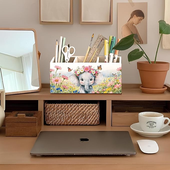 Elephant Pen Pencil Holder for Desk Accessories, Elephant Gifts for Women & Kids, Rustic Butterfly Flower Wild Animal Wooden Box Sign Decorations for Kids Room Home Office Desk Tabletop