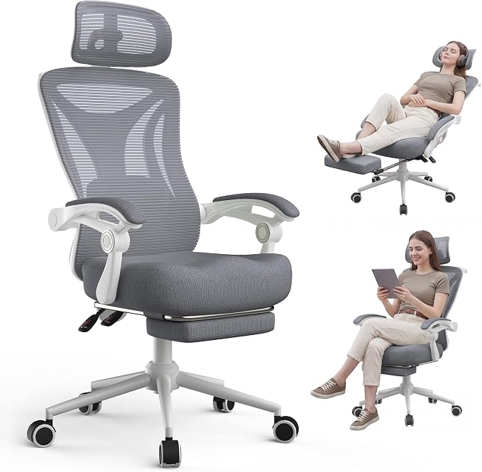 Ergonomic Office Chair with Footrest - Adjustable Lumbar Support & Headrest, 90-160° Reclining Mesh Back Computer Chair - Home Office/Gaming, 350lbs Capacity