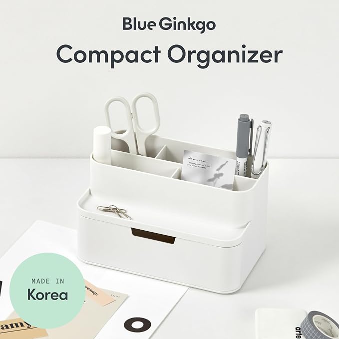 BLUE GINKGO Compact Desk Organizer, White, Made in Korea | 5 Compartments. Half Drawer. Space-Saving.