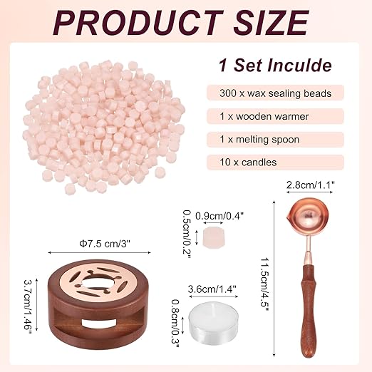 PATIKIL Wax Seal Kit, 300 Pcs Wax Sealing Beads, Wooden Warmer, Melted Spoon, 10 Pcs Tealight Candles for Envelope Letter Mailing Crafts DIY, Clear Red