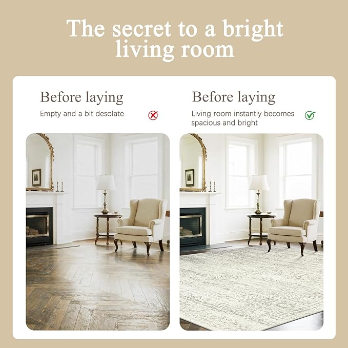 Srugn Washable Rugs 9x12 Area Rugs for Living Room,Bedroom,Dining Room- Large Ultra Soft Faux Wool Retro Carpets,Non Slip&Non-Shedding Low Pile Vintage Print Rug for Home Office Decor- Beige