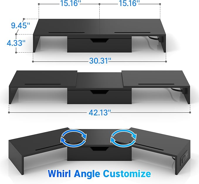 Dual Monitor Stand with USB Ports Wood Monitor Stand Riser with Drawer | Adjustable Desk Shelf,Desk Organizer for Computer,Laptop,Study&Office,No Assembly Required,Black