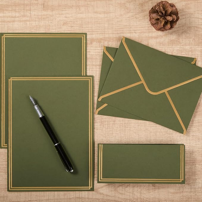 50 Pack Stationery Set with Envelopes, Olive Green, 6x8 Inches | Gold Border, A6 Envelopes 4.75x6.5 inch and 6x8 Paper Sheets, Stickers for Letter Writing, Invitations