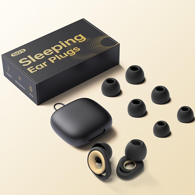 Ear Plugs for Sleeping Noise Cancelling Earbuds, Reusable Silicone Earplugs for Sleeping, High Fidelity with Mute Layer for Snoring Solution for Travel,Focus,45dB Noise Reduction (Black-Beige)
