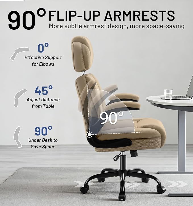 AreShark Ergonomic Office Chair with Lumbar Support, 400lbs Heavy Duty Big and Tall Executive Desk Chair, PU Leather High Back Computer Chair with Flip-Up Arms & Adjustable Headrest, Khaki