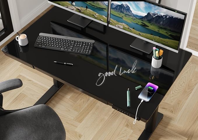 Claiks Small Glass Standing Desk with Drawers & USB Ports 35x19 Black | 3 Steps Quick Install, Buil in Drawer, USB Ports, Ultra White One-Piece Glass Top, Writable Top