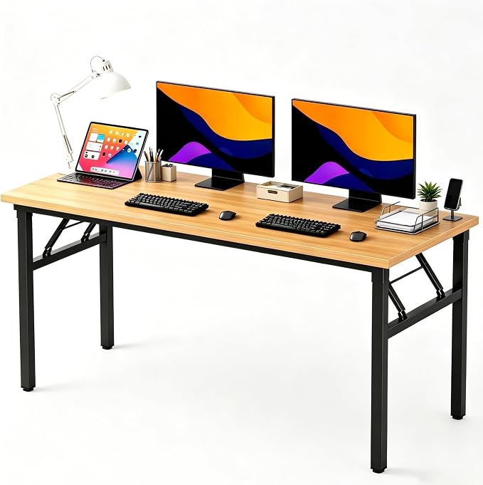 sogesfurniture 62 inches Foldable Computer Desk, No Assembly Sturdy Large Laptop Workstation for Home Office, Modern Portable Folding Study Table Writing Gaming Desk for Small Spaces, Teak Black