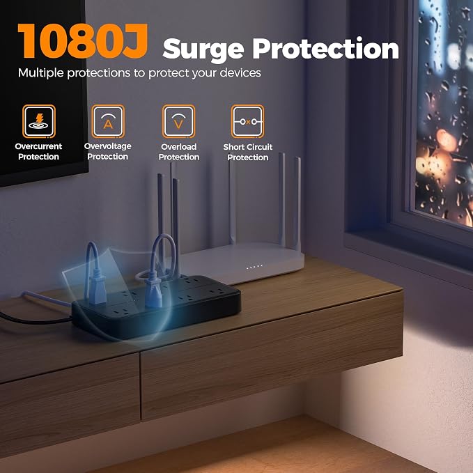 TESSAN Power Strip Surge Protector, 10FT Flat Plug Extension Cord with 8 Outlets 3 USB Charger(1 USB C), 1080 Joules Protection, Wall Mountable Charging Station for Home Office Dorm, Black