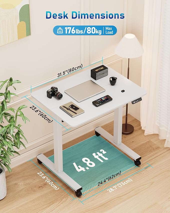 32" Small Electric Rolling Standing Desk Adjustable Height, Mobile Sit Stand up Desk with Lockable Casters for Home Office & Computer Workstation, Splice Board, 2 Hooks, White Frame/White Top