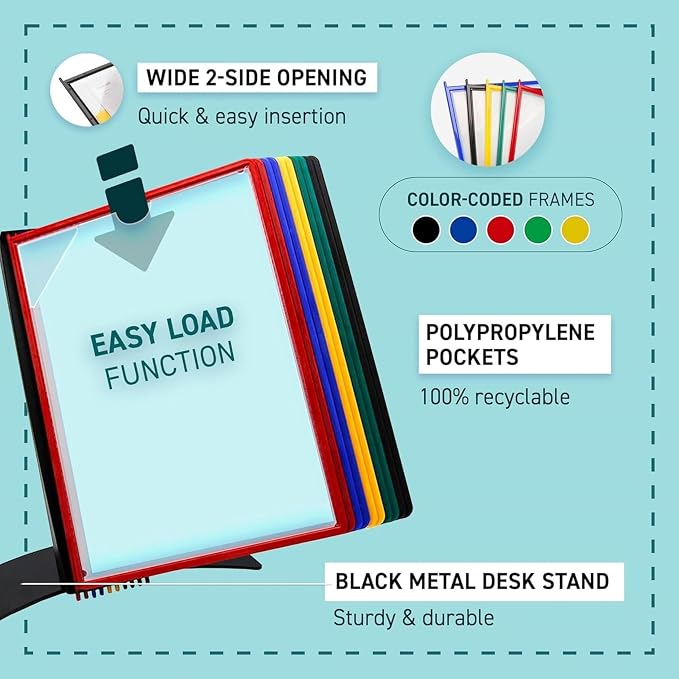 Tarifold Desktop Reference & Display System, 10 Double-Sided Pockets, 20 Sheet Capacity, Durable Metal Base, Easy-Load Polypropylene Pockets, Letter-Size, Made in Denmark, Assorted Colors
