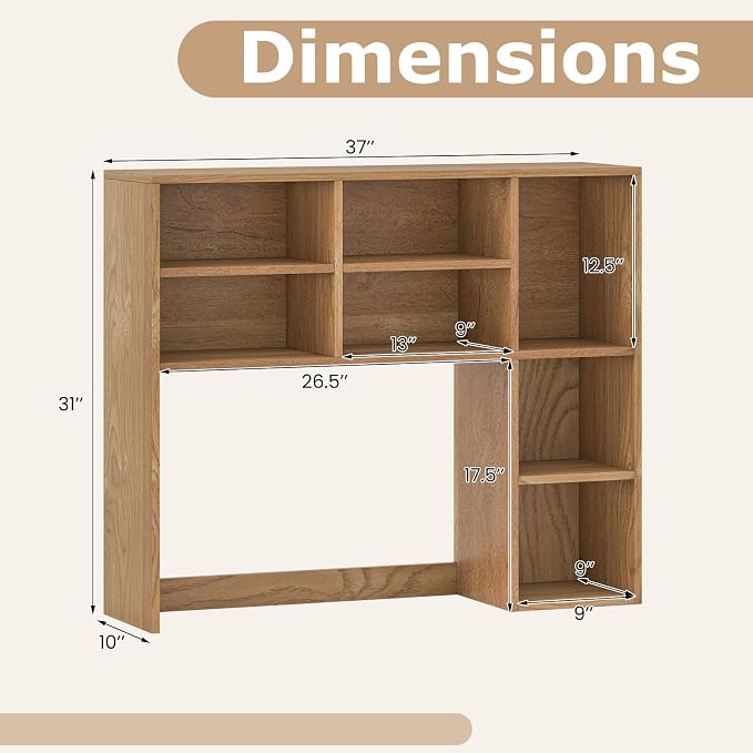 Tangkula Desktop Bookshelf, 37" Countertop Storage Hutch with 7 Cubes & 3 Adjustable Shelves, 3-Tier Desk Display Rack Organizer, Multipurpose Wood Desktop Hutch for Dorm Home Office (Natural)