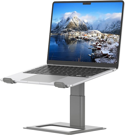 SOUNDANCE Adjustable Laptop Stand, Ergonomic Aluminum Riser for 10-17.3” Notebooks, Ventilated Metal Holder with Height Alignment for Desk Workspace, Grey
