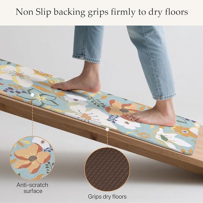 GENIMO Anti Fatigue Kitchen Mats for Floor 2PCS, Cushioned Standing Mats | 17.3"x47"&17.3"x30", Aqua vintage floral rug set, waterproof, non slip, easy-clean for farmhouse