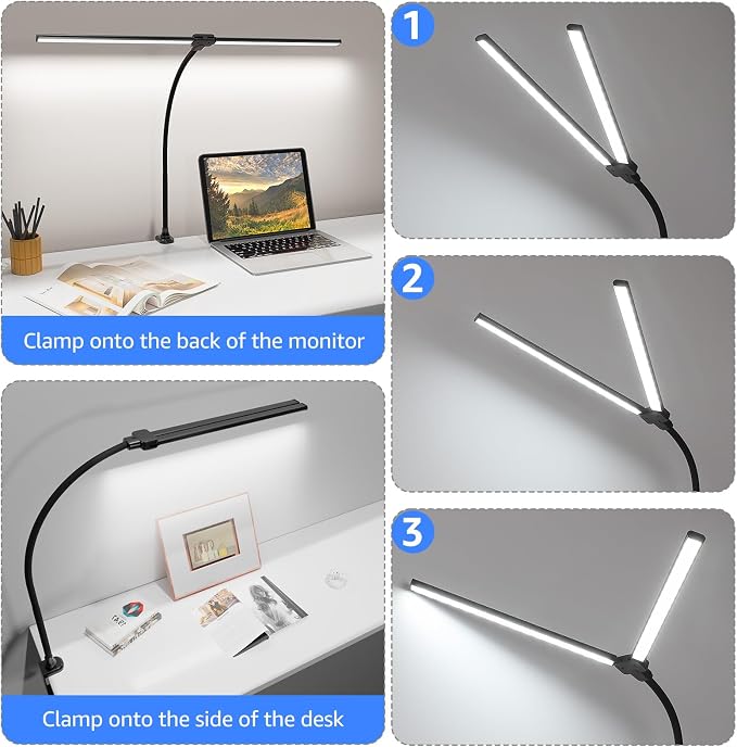 ShineTech LED Desk Lamp for Home Office, 5000K Bright Double Head Architect Task Lamps with Clamp, Dimmable Adjustable Flexible, Black