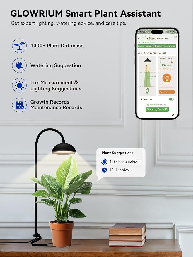 GLOWRIUM Smart Grow Lights for Indoor Plants,10W Full Spectrum Plant Lights with Bluetooth App Control, 360° Flexible Gooseneck Grow Lamp, Auto Timer 3/9/12Hrs, 10 Brightness for Small Plants, Black