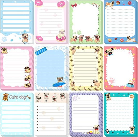12 Pieces Pug Puppies Sticky to Do List Dog Sticky Notes Puppy Lover Gifts 3 x 4 Inch Adhesive Notepad for Memo Reminder Journal Studying Home Gift Office Decor Accessories